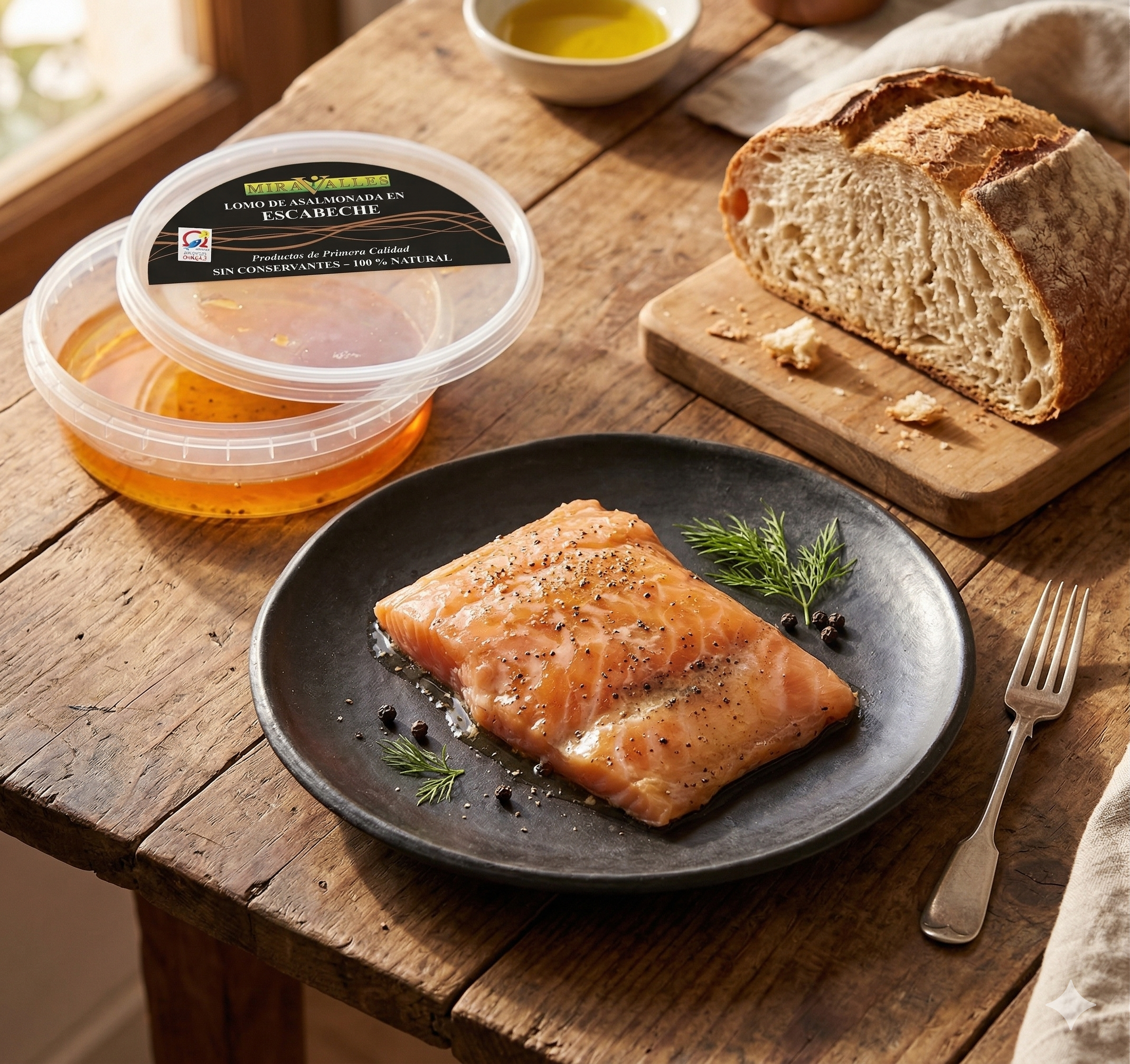 Lomo de asalmonada en escabeche servido con pan — gastronomía Miravalles