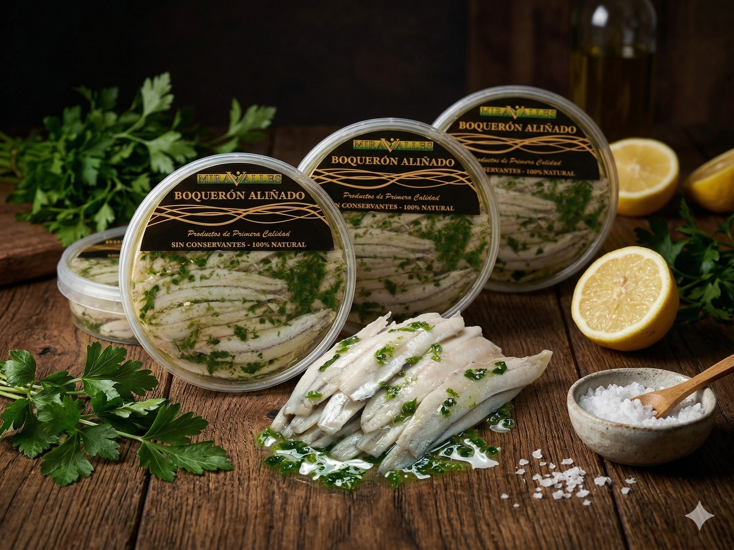 Bodegón con tres tarrinas de boquerón aliñado — Miravalles